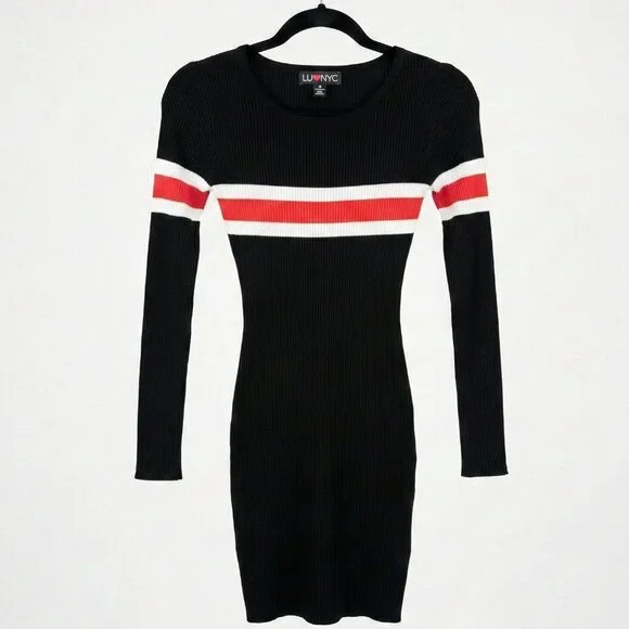 LUV NYC Black Red White Striped Ribbed Long Sleeve Bodycon Mini Dress Small - Picture 2 of 4